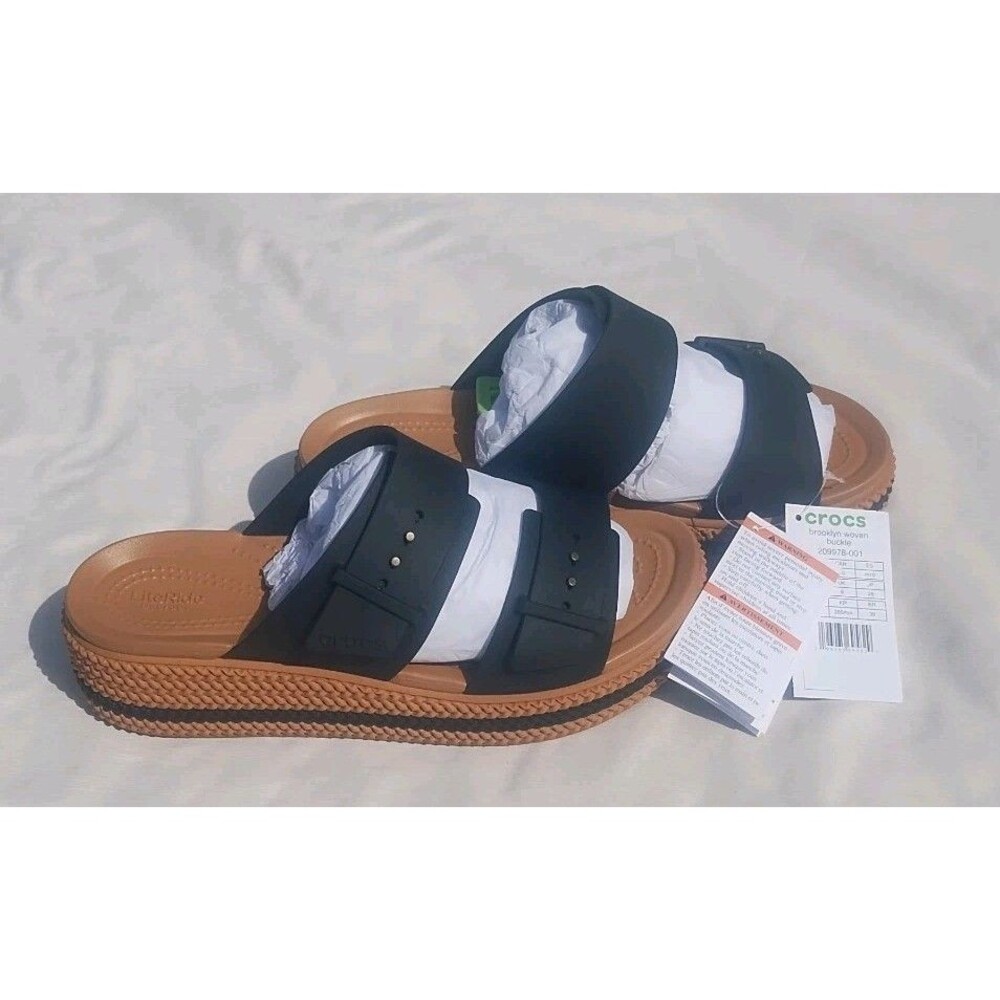 Crocs Brooklyn Woven Buckle Sandal Womens 8 Black Adjustable Straps 209978 NEW